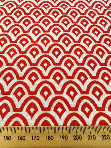 LAST PIECE Modern Fabric Craft Cotton Japanese Inspired Red Curves on Off-White Base 60cm x 50cm