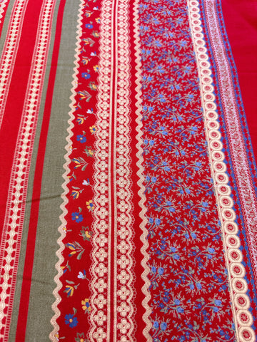 Vintage Fabric Cotton Border Print 70s 80s Pure Peasant Folk Boho Red Blue Olive Layers 90cm Wide