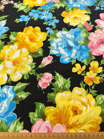 Vintage Fabric 1980s USA Stevens Utica Sheeting Large Bright Floral on Black 100cm Wide