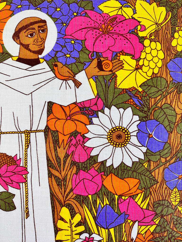 ONE ONLY: Tea Towel Vintage 60s? 70s? Ulster Weavers for Julia Clements St Fiacre Patron Saint of Gardeners
