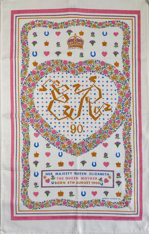 ONE ONLY: Tea Towel Vintage 1990 Ulster Weavers Queen Mother 90th Raymond Stringer