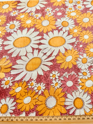 LAST 1/2m: Vintage Fabric 1950s Dress Cotton Pink Yellow White Daisies 88cm Wide