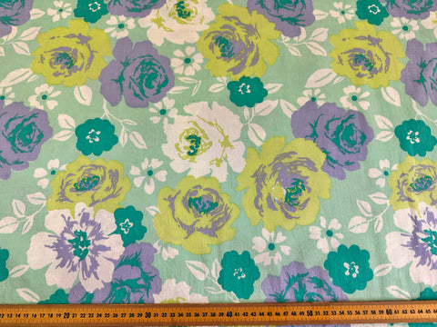 2m LEFT: Vintage Fabric Cotton Sheeting 1970s Greens Purples Large Scale Floral