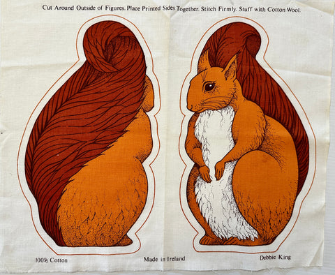 ONE ONLY: Vintage Fabric Cotton Cushion or Toy Panels 1970s DIY Squirel Ireland Debbie King
