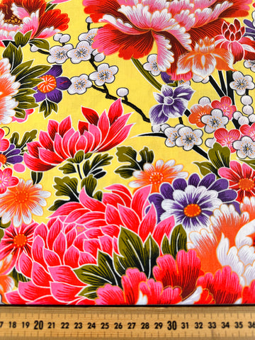 1m LEFT: Modern Fabric Quilt Cotton Oriental Flowers on Yellow