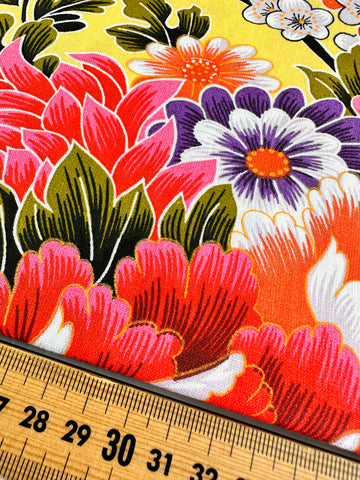 1m LEFT: Modern Fabric Quilt Cotton Oriental Flowers on Yellow