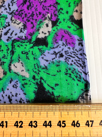 1.5m LEFT: Vintage Fabric 1980s Floppy Cotton Rayon Bright Splotches on Black