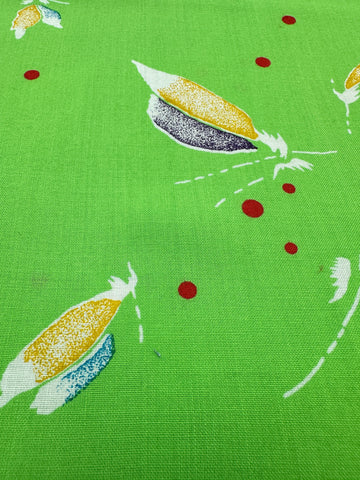 Modern Fabric 2000s+ Extra-Wide Floppy Dress Rayon w/ Green Base Red Dots Feathers 150cm Wide