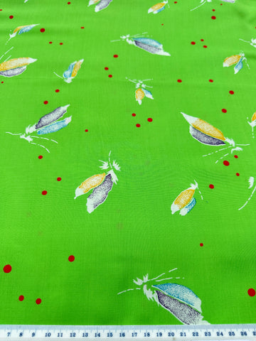 Modern Fabric 2000s+ Extra-Wide Floppy Dress Rayon w/ Green Base Red Dots Feathers 150cm Wide