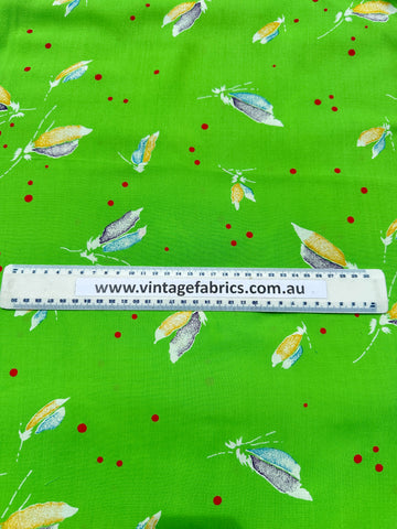 Modern Fabric 2000s+ Extra-Wide Floppy Dress Rayon w/ Green Base Red Dots Feathers 150cm Wide