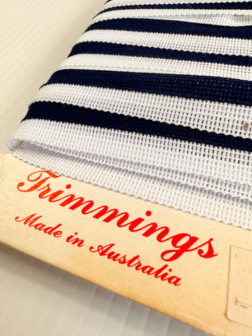 Vintage 1980s Woven Elastic Trim Navy Blue w/ White 25mm Wide