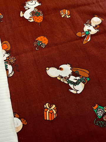 LAST 1/2m: Vintage Fabric 1970s Novelty Cotton Chocolate Brown w/ Characters 88cm Wide