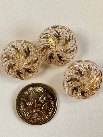 THREE BUTTONS LEFT: Vintage MCM 40s 50s Clear Glass Buttons w/ Gold Filigree 19mm