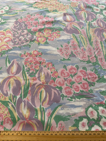 THREE PATTERN REPEATS LEFT: Vintage Fabric 1980s Light Weight Cotton Sheeting w/ Irises 55cm x 60cm