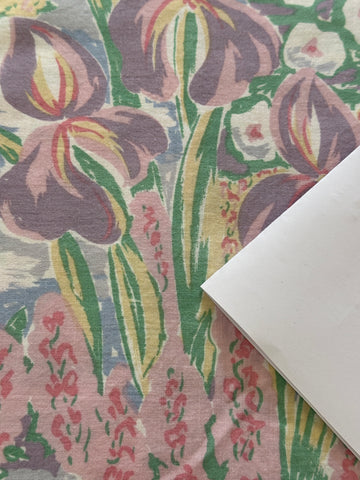 THREE PATTERN REPEATS LEFT: Vintage Fabric 1980s Light Weight Cotton Sheeting w/ Irises 55cm x 60cm
