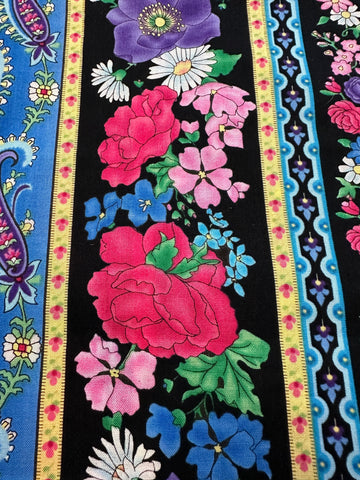 LESS THAN 1m LEFT: Modern Fabric Quilt Cotton 2006 Fabric Traditions Bright Floral on Black 112cm Wide