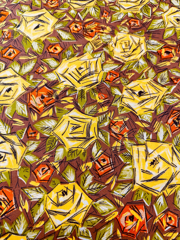 Vintage Fabric 1950s Crispy Dress Cotton Pencilled Roses Flowers Leaves on Brown 88cm Wide