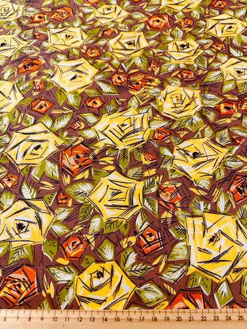 Vintage Fabric 1950s Crispy Dress Cotton Pencilled Roses Flowers Leaves on Brown 88cm Wide