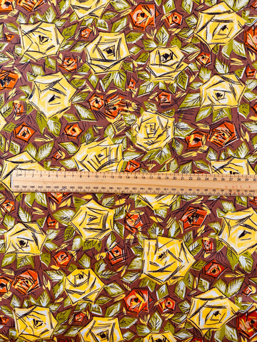 Vintage Fabric 1950s Crispy Dress Cotton Pencilled Roses Flowers Leaves on Brown 88cm Wide