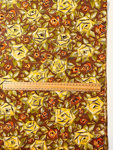Vintage Fabric 1950s Crispy Dress Cotton Pencilled Roses Flowers Leaves on Brown 88cm Wide