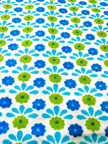 LAST PIECE Vintage Fabric 1960s Solid Light Weight Cotton Greens Blues Mod Floral 88cm x 50cm