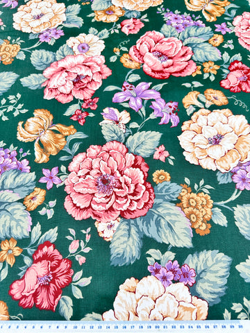 Vintage Fabric Cotton Chintz Drapery Delicious Large Floral on Dark Green Stanley King Studio USA 68cm Wide