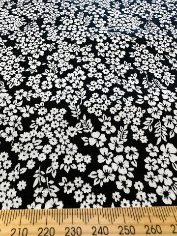 LAST PIECE Vintage Fabric 1980s? Small White Floral on Black Cotton 88cm x 50cm