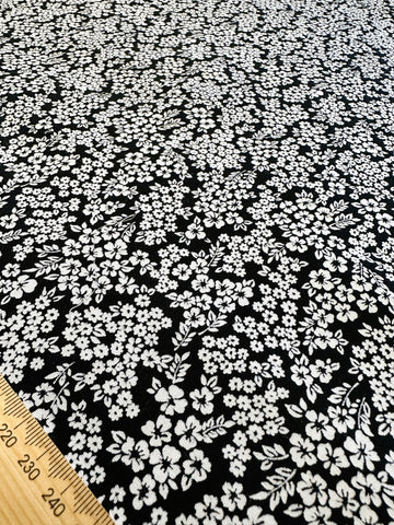 LAST PIECE Vintage Fabric 1980s? Small White Floral on Black Cotton 88cm x 50cm