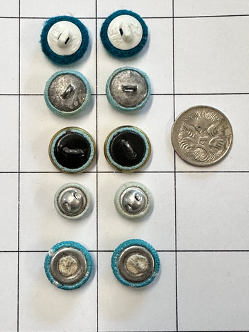 FIVE PAIRS x SMALL BLUE FABRIC COVERED BUTTONS: Bulk Curated Vintage Modern Mixed Shades Sizes