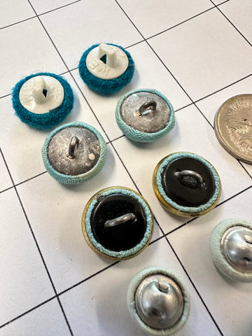 FIVE PAIRS x SMALL BLUE FABRIC COVERED BUTTONS: Bulk Curated Vintage Modern Mixed Shades Sizes