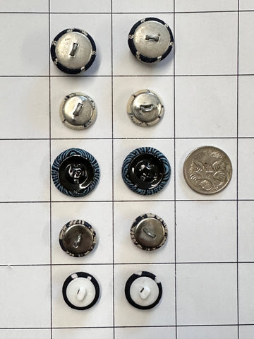 FIVE PAIRS x SMALL PATTEREND BLUE FABRIC COVERED BUTTONS: Bulk Curated Vintage Modern Mixed Shades Sizes