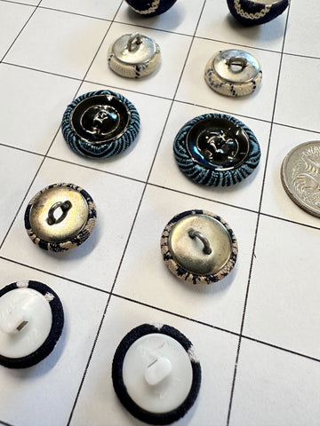 FIVE PAIRS x SMALL PATTEREND BLUE FABRIC COVERED BUTTONS: Bulk Curated Vintage Modern Mixed Shades Sizes