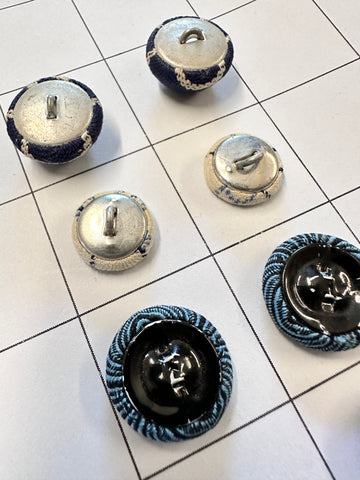 FIVE PAIRS x SMALL PATTEREND BLUE FABRIC COVERED BUTTONS: Bulk Curated Vintage Modern Mixed Shades Sizes