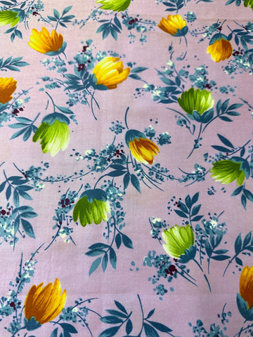 Vintage Fabric 1980s Crispy Polished Cotton Mauve Base w/ Bright Floral 112cm Wide