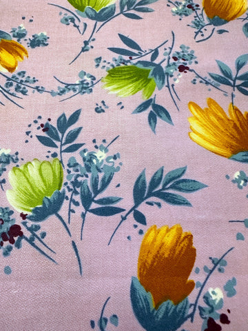 Vintage Fabric 1980s Crispy Polished Cotton Mauve Base w/ Bright Floral 112cm Wide