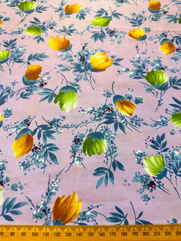 Vintage Fabric 1980s Crispy Polished Cotton Mauve Base w/ Bright Floral 112cm Wide