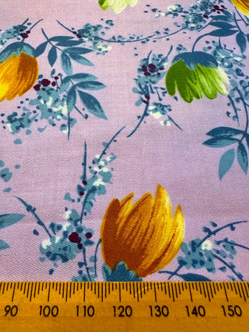 Vintage Fabric 1980s Crispy Polished Cotton Mauve Base w/ Bright Floral 112cm Wide