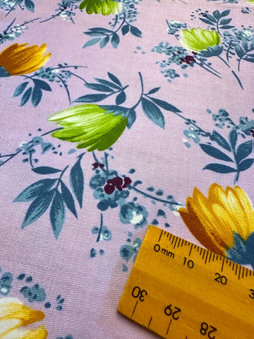 Vintage Fabric 1980s Crispy Polished Cotton Mauve Base w/ Bright Floral 112cm Wide