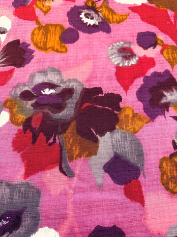 REMNANT Vintage Fabric 1960s Fancy Weave Cotton w/ Painterly Style Floral in Pink Purple 43cm x 42cm