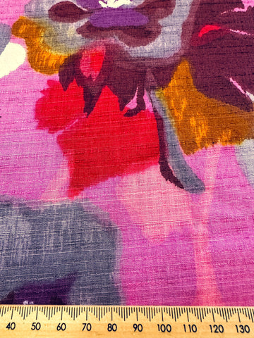 REMNANT Vintage Fabric 1960s Fancy Weave Cotton w/ Painterly Style Floral in Pink Purple 43cm x 42cm