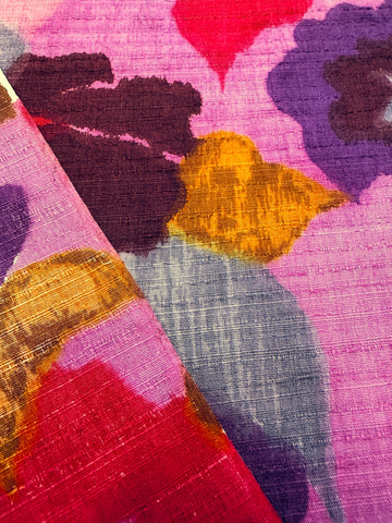 REMNANT Vintage Fabric 1960s Fancy Weave Cotton w/ Painterly Style Floral in Pink Purple 43cm x 42cm