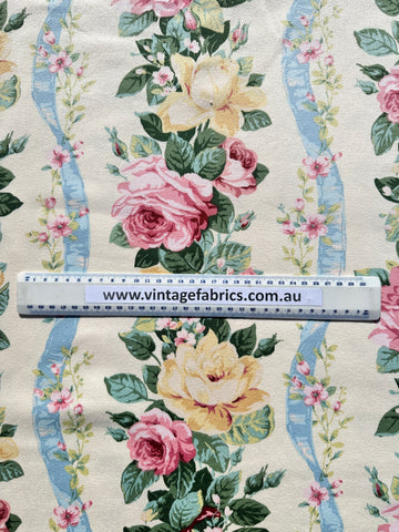 Vintage Fabric 1980s? Shabby Bythorn Anne & Robert Swaffer Cotton Sateen Drapery Roses & Ribbons 120cm Wide