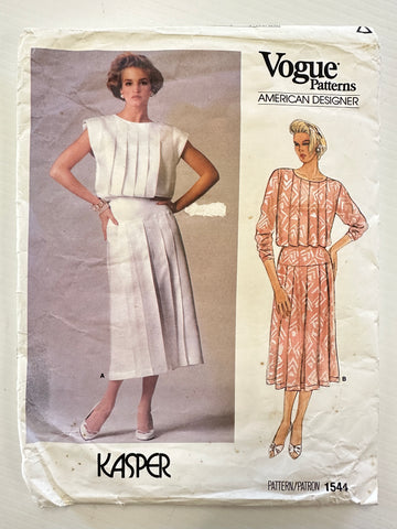 MISSES' DRESS: Vogue American Designer Kasper Sewing Pattern c. 1985 Size 10 Complete FF *1544
