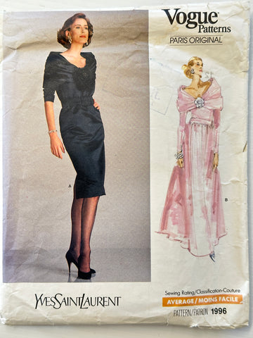 MISSES' EVENING DRESS: Vogue Paris Original Yves Saint Laurent Sewing Pattern 1987 Size 12 Incomplete *1996