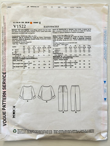 MISSES' TOP & PANTS: Vogue American Designer Isaac Mizrahi Sewing Pattern 2016 Size XS-S-M Complete *V1522