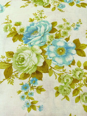 LAST ONE Vintage Fabric 1970s 80s Cotton Pillow Case Green Blue Floral on Pale Green Base NOS 70cm x 47cm