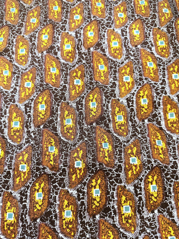 Vintage Fabric 1960s 70s Retro Brown Orange Shapes on Crackled Brown Cotton 86cm Wide