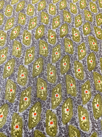 Vintage Fabric 1960s 70s Retro Olive Green Yellow Shapes on Crackled Grey Cotton 86cm Wide