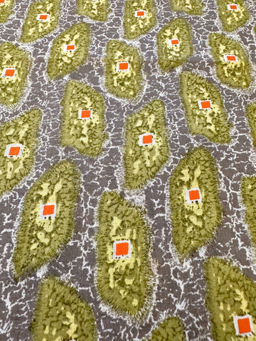 Vintage Fabric 1960s 70s Retro Olive Green Yellow Shapes on Crackled Grey Cotton 86cm Wide