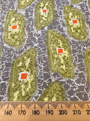 Vintage Fabric 1960s 70s Retro Olive Green Yellow Shapes on Crackled Grey Cotton 86cm Wide